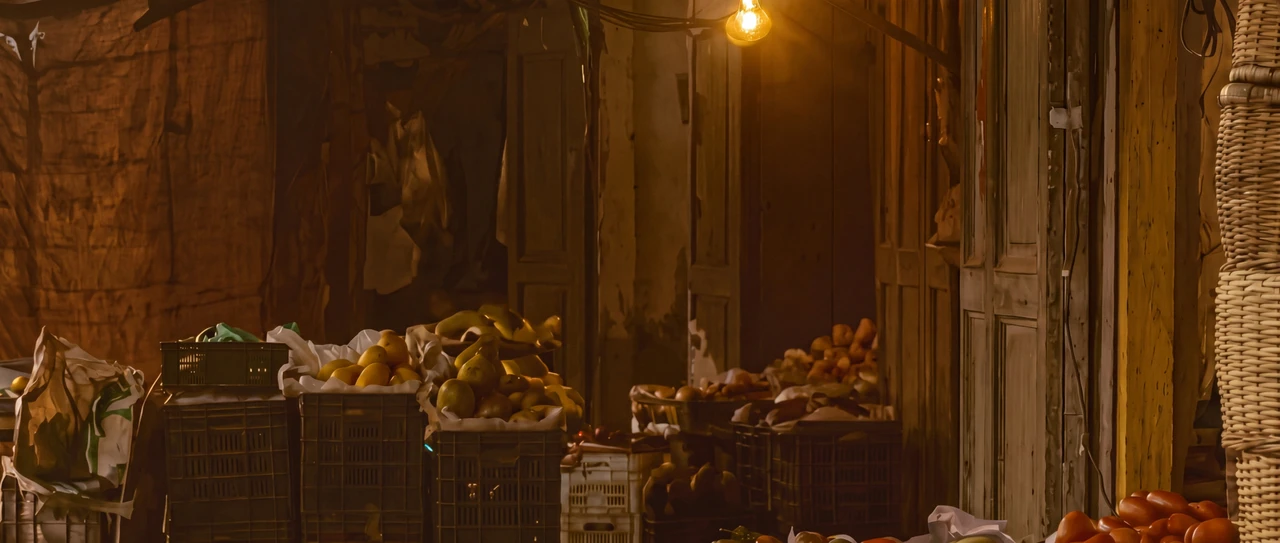 A covered market aisle at dusk seen up close, stalls stacked with produce and one bulb lit